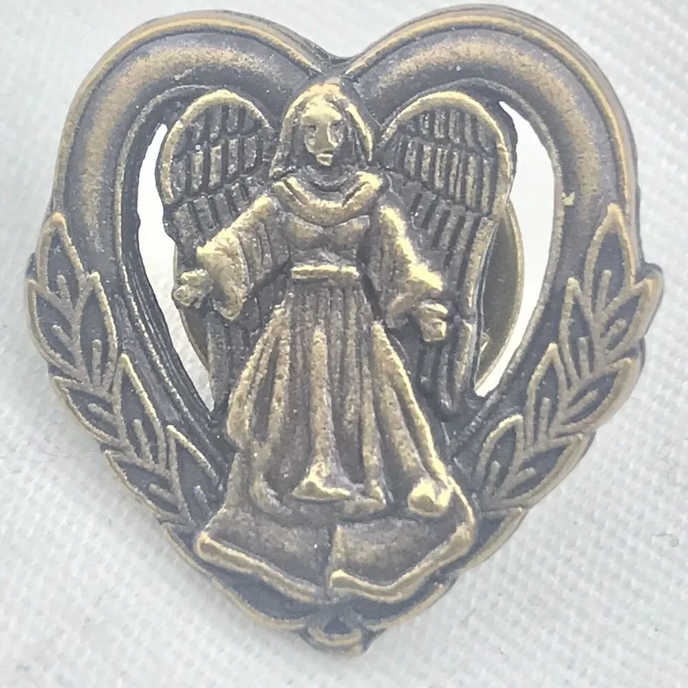 Vintage Heart Shaped Angel Catholic Christian Pin Brass Tone Brooch Protection